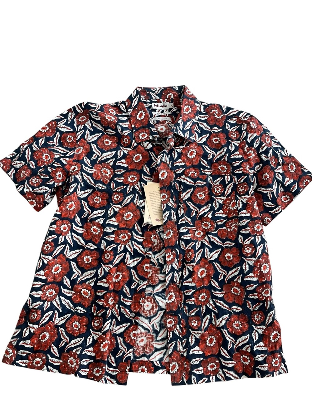 NWT Fabindia Bush Shirt Block Print Cotton Short Sleeve Button Down Tribal M